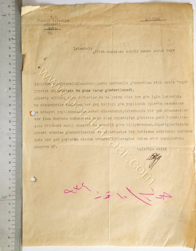 Turhal Belediye Riyaseti 1934 Antetli Doküman
