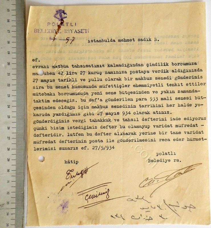 Polatlı Belediye Riyaseti 1934 Antetli Doküman