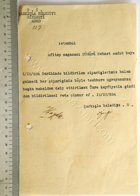 Tekirdağ Vilayeti Belediye Riyaseti 1934 Antetli Doküman