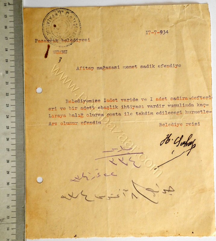 Pınarcık Belediyesi 1934 Antetli Doküman, Afitap Mağazasına Gelmiş