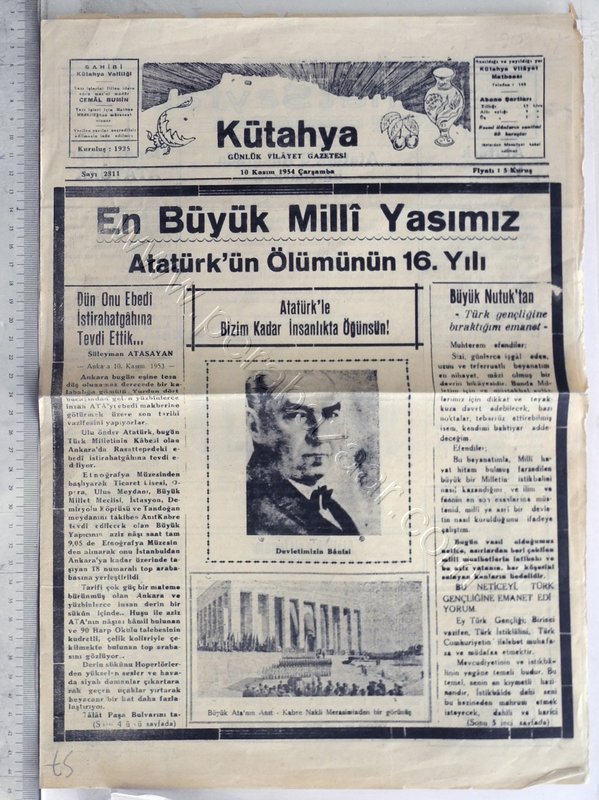 Atatürk'ün Ölümünün 16. Yılı Başlıklı--Kütahya Günlük Vilayet Gazetesi-