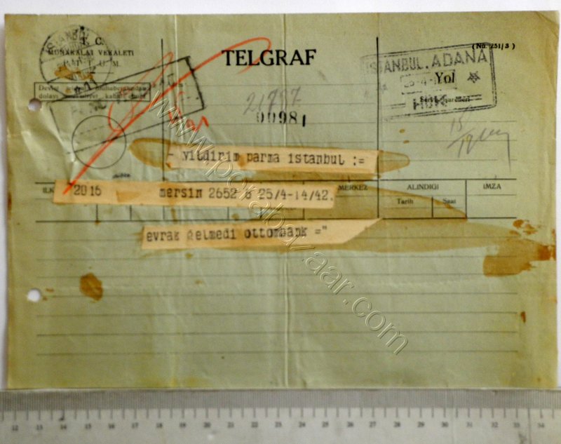 PTT Telgraf, Adana İstanbul Damgalı 1942